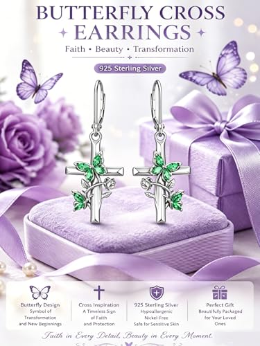 Butterfly Earrings for Women 925 Sterling Silver Birthstone Butterfly Cross Rose Dangle Earrings Elegant Butterfly's Jewelry Gift for Birthday Valentines Day Christmas - color: 5-May