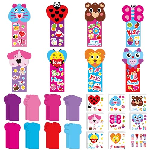 ANGOLIO Valentine's Day Bookmarks Craft Kits - 123Pcs Valentine's Day Animals Craft for Kids DIY Make Your Own Heart Animal Set Self-Adhesive Face Stickers for Kids Classroom Gifts Party Supplies - style: Valentine's Day Animals