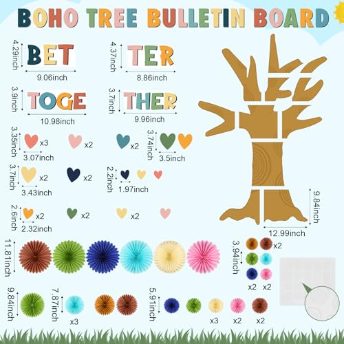 Gersoniel 62 Pcs Back to School Bulletin Board Set Boho Tree Bulletin Board Decorations for Classroom DIY Tree Paper Fans Cutouts Better Together Wall Decor for Home School Classroom Teacher Supplies - style: Boho