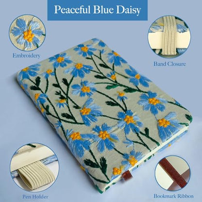 A5 Notebook, Flower Journal, Embroidered Notebook, 8"x6", Hardcover, Lay Flat, Lined, Wide Ruled Paper, Personalized Notebook, Pretty Journal, Daisy Gifts for Women, Blue, with Elastic Band - color: A5-Ruled-Blue Daisy