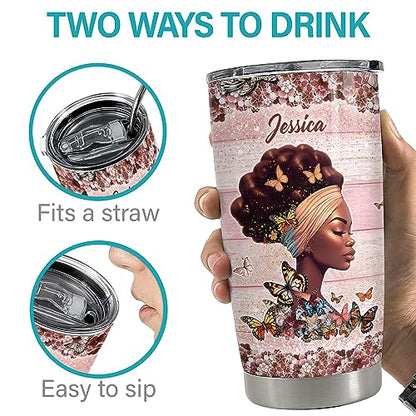 SANDJEST Personalized Black Queen Tumbler Faith Bible 20oz 30oz Tumblers with Lid Gift for African American Afro Black Girl Encouragement Birthday Women Day - color: Black Woman 1