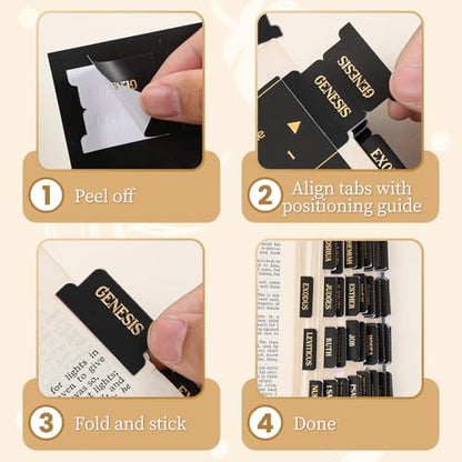 Laminated Bible Tabs, Gold Foil Embossed Lettering Bible Index Tabs for Women Men, Reposition Large Print Sticky Labels, Easy to Read and Apply, 105 Labels for Easy Navigation, Black - style: Gold Foil Black