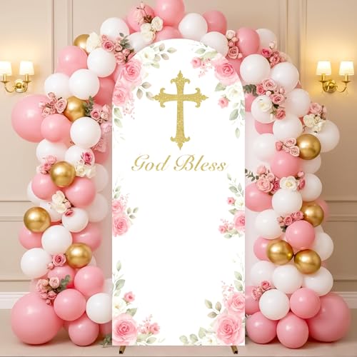 Pink God Bless Arch Backdrop Cover 6.1ft x 2.6ft (185 × 80cm) Floral Stretch Fabric Arch Stand Cover for Girl God Bless Party Religious Celebration Church Event Decoration Washable Reusable - color: pink gold bless