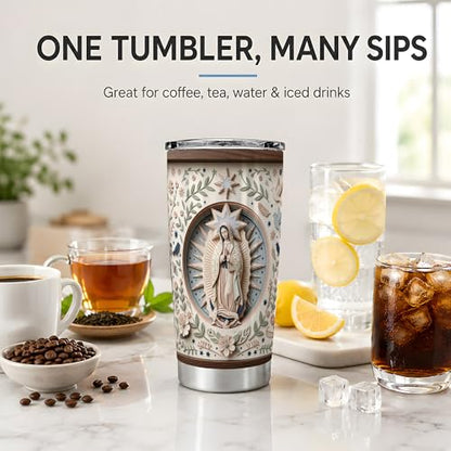 Virgin Mary Star Oval 20oz Tumbler, Marian Devotion Tumbler, Daily Tea Cup, Wood Rim Look, Pastel Floral Frame With Doves And Navy Stars, Soft Folk Art, Faithful Catholic Women - color: Virgin Mary 3