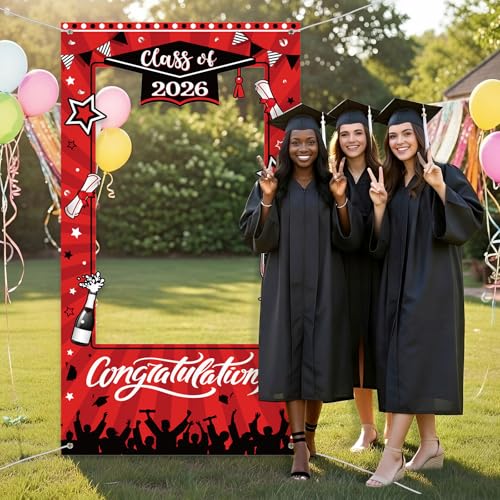 WovWeave Class of 2026 Graduation Photo Booth Frame 71x39 Inch - Red Black Large Fabric Selfie Backdrop Props for High School College Grad Party Decorations Indoor Outdoor Picture Background - style: Red Black Grad