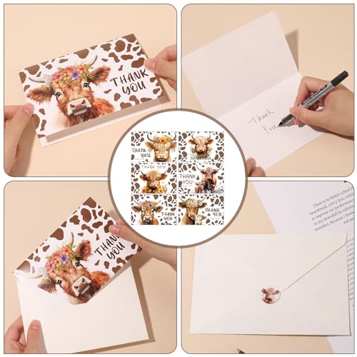 60 Pieces Highland Cow Baby Shower Thank You Cards,Baby Farm Thank You Cards Includes 30 Pieces Envelopes and 30 Pieces Highland Cow Cards with Stickers for Baby Shower Bridal Wedding - color: highland cow