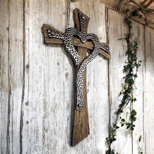 Rustic Resin Heart Cross Wall Decor – 12 1/2” Faux Wood and Hammered Metal Look Religious Wall Cross – Christian Home Decor Symbolizing Love and Faith – Farmhouse Style Wall Hanging Jesus Art Sculpture
