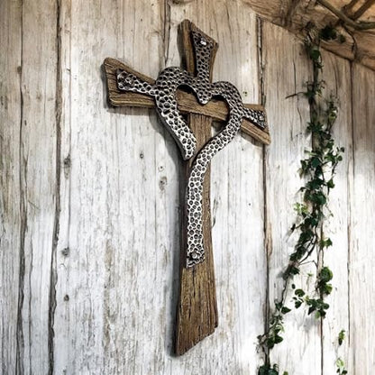 Rustic Resin Heart Cross Wall Decor – 12 1/2” Faux Wood and Hammered Metal Look Religious Wall Cross – Christian Home Decor Symbolizing Love and Faith – Farmhouse Style Wall Hanging Jesus Art Sculpture