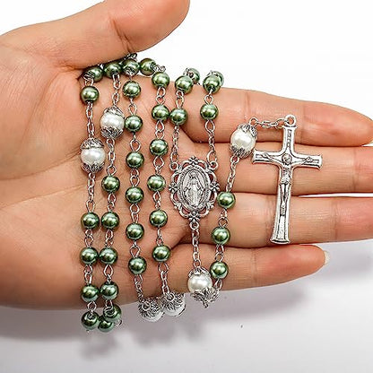 Nazareth Store Pearl Beads Rosary White Our Father Beaded Necklace Lourdes Medal & Cross Crucifix Spiritual Devotion - color: Green