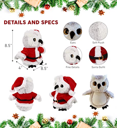 DolliBu White Owl Stuffed Animal Plush Toy with Santa Outfit - 8.5 Inches