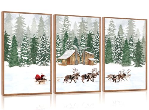 CHDITB 3 Pcs Santa Reindeer Sleigh Framed Canvas Wall Art 16x24 Inch - color: Santa Claus Reindeer Sleigh, size: 16"L x 24"W