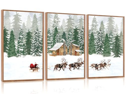 CHDITB 3 Pcs Santa Reindeer Sleigh Framed Canvas Wall Art 16x24 Inch - color: Santa Claus Reindeer Sleigh, size: 16"L x 24"W