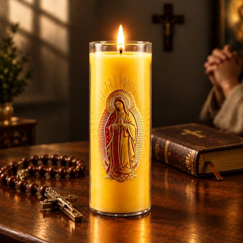 Virgen de Guadalupe Beeswax Pillar Candle, 68Hr Burn, 1 Pack - color: Yellow