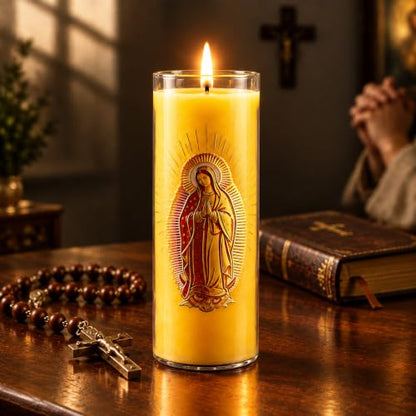 Virgen de Guadalupe Beeswax Pillar Candle, 68Hr Burn, 1 Pack - color: Yellow