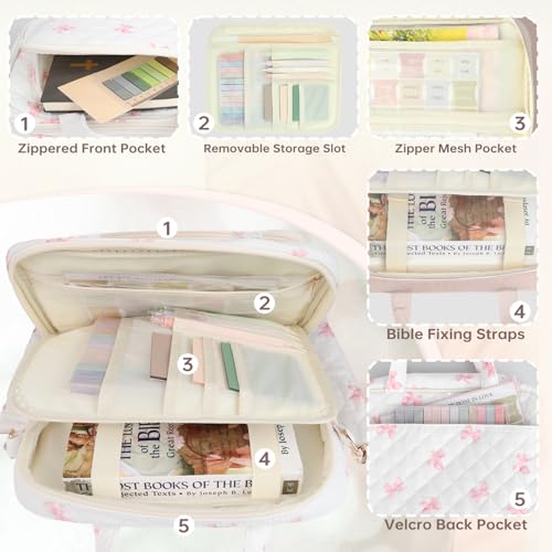 Bible Cover Case for Women Bible Study Supplies Church Camp Essentials Christian Gifts for Women Journaling Kit Quilted Large Bible Book Sleeve (Pink Bow, Large) - color: Pink Bow