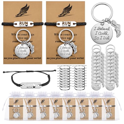 Huquary 18 Sets Cross Country Gift Bulk Run Gift for Runner Stainless Steel Run Keychain Adjustable Running Bracelets Charm with Cards and Organza Bags for Women Men Marathon Christmas Birthday Team