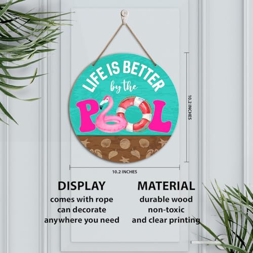 Summer Pool Hanging Sign Wall Decor, Tropical Pool Flamingo Swim Rings Wooden Hanging Sign Decorations for Swimming Pool Home Yard Patio Beach, Life Is Better by The Pool - color: Summer Pool