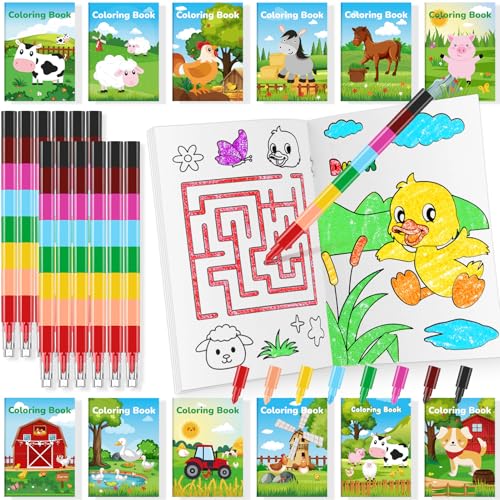 BenLouis 24 Farm Animal Mini Coloring Books with 24 Crayons for Kids Bulk - style: Farm
