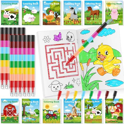 BenLouis 24 Farm Animal Mini Coloring Books with 24 Crayons for Kids Bulk - style: Farm