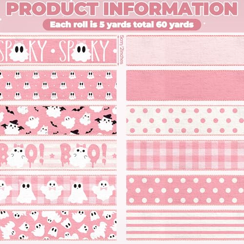 12 Rolls 60 Yards Pink Ghost Halloween Wired Ribbon for Wreath Bow - style: Pink Ghost