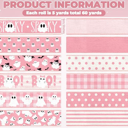 12 Rolls 60 Yards Pink Ghost Halloween Wired Ribbon for Wreath Bow - style: Pink Ghost