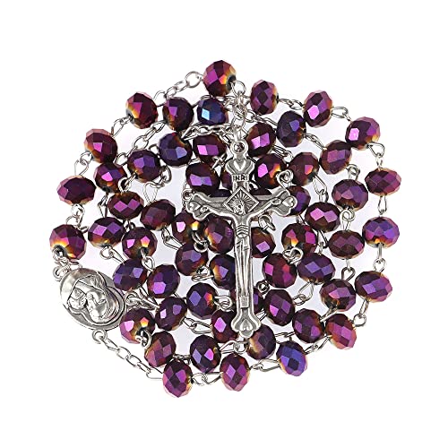 Rosary Beads for Women With Box, Blue Crystal Catholic Necklace, Last Supper Vintage Jewelry Box, Anglican Prayer Beads Christian Gifts - color: Purple Crystal + Madonna & Child Rosary Box