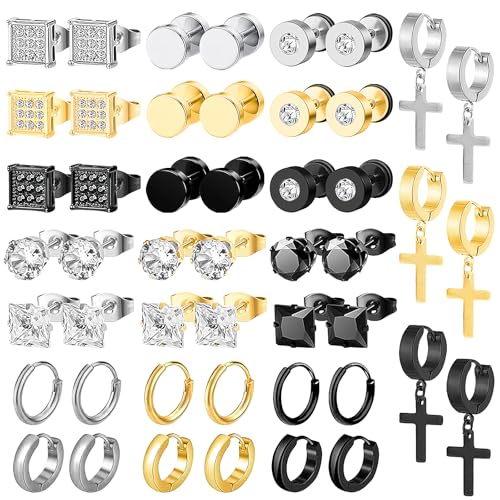 NEWITIN 24 Pairs Stainless Steel Earrings for Men Hypoallergenic Inlaid Cubic Zirconia Studs Hoop Earring Cross Dangle Earrings Unisex Punk Stud Earring for Women Men - color: Classic
