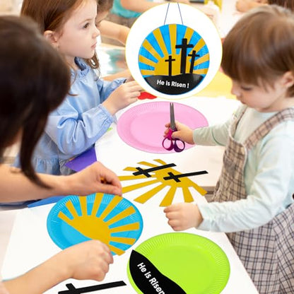 Lunmon 24 Sets Easter Crafts for Kids Bulk Resurrection Paper Plates Crafts Kit with He is Risen Colorful Paper DIY Easter Plates for Family Sunday School Classroom Activity - color: Cross