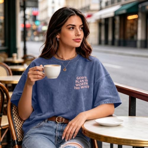 Christian Oversized Shirts for Women God Graphic Tees Shirts Bible Verse Jesus Shirt Religious Acid Wash Tshirts - color: Blue, size: X-Large