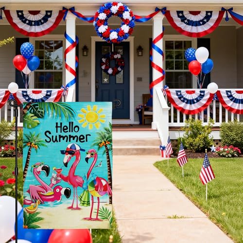Hello Sunshine Flamingo Garden Flag Double Sided Burlap 12x18in - color: Blue Sunshine