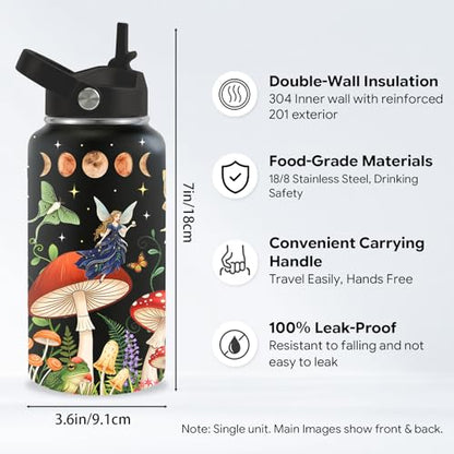 Mushroom Gift for Women, 26oz Water Bottle with Handle for Girl Friends - color: Mushroom-Black