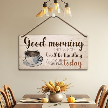 Hanging Wood Plaque with Rope, Inspirational Printed Wood Plaque Coffee Sign Hanging for Kitchen Cafe Door Office, Wall Art Home Decoration -Good Morning This is God -05 - style: Good Morning This is God