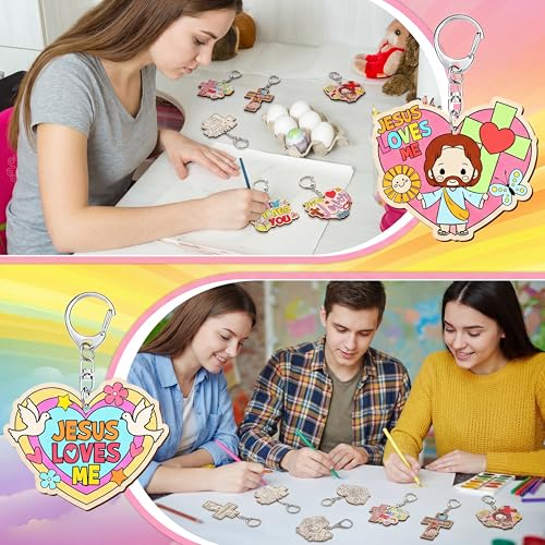 Trnayi 36 Pcs Wood Jesus Loves Me Keychain Color Your Own DIY Craft - style: Jesus Loves Me