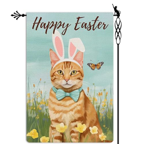 Happy Easter Garden Flag Cute Cat Garden Flag Kitty Bunny Ear Vertical Double Sided Rustic Farmland Burlap Yard Lawn Outdoor Decor 12.5x18" - color: Easter Cute Cat #WQ103