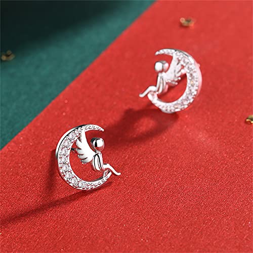 Silver Angel Wing Earrings for Women, Cute Moon Studs