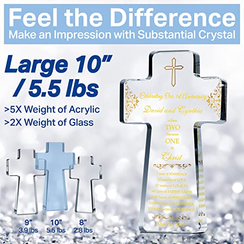 Personalized Christian Gift for 1st Wedding Anniversary, Crystal Standing Cross Customized with Couple names and Religious Anniversary Wishes in Traditional 1st Anniversary Colors (M - 9")