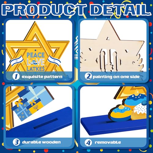 Shellwei 6 Pcs Hanukkah Table Decorations Hanukkah Wooden Table Sign Happy Hanukkah Table Centerpiece Gnome Menorah Hexagram Wooden Signs for Chanukah Home Table Tier Tray Party Decor - style: Hanukkah Style