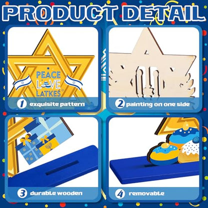 Shellwei 6 Pcs Hanukkah Table Decorations Hanukkah Wooden Table Sign Happy Hanukkah Table Centerpiece Gnome Menorah Hexagram Wooden Signs for Chanukah Home Table Tier Tray Party Decor - style: Hanukkah Style