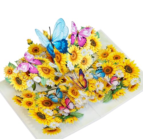 Sunflowers with Butterflies 3D Get Well Soon Card, Sympathy Cards, Thinking of You Pop Up, Mothers Day Card, 6x8in 3D Birthday Cards for Women for Wife, Her, Sister, Grandma (PQ Sunflowers w Butterflies) - color: Sunflowers w Butterflies