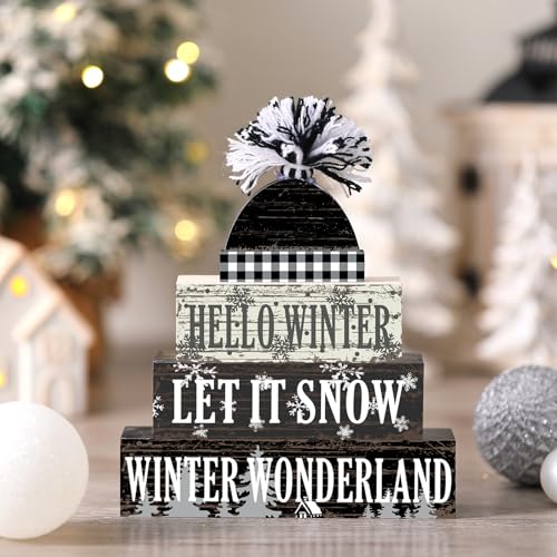 Geelin 4 Pcs Winter Hat Wooden Table Decorations Farmhouse Tiered Decor - style: Winter Hat