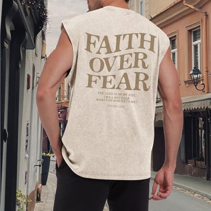 Mens Christian Sleeveless Shirts Faith Over Fear Graphic Tank Tops Gym Workout Acid Wash Tanks Cut Off Muscle Shirt - color: Apricot, size: XX-Large