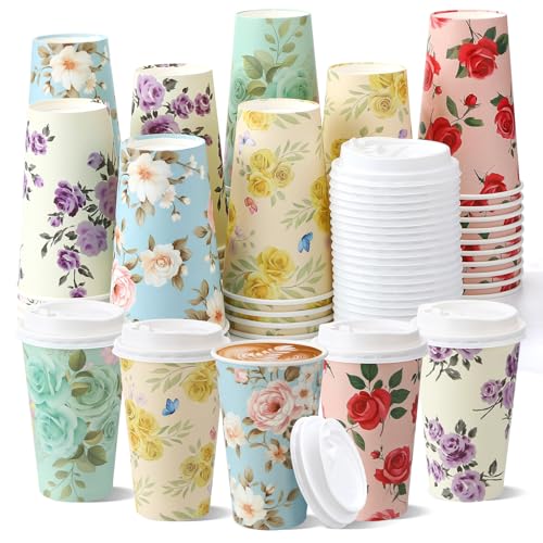 50 Pack 16 oz Disposable Coffee Cups with Lids Floral - style: Floral