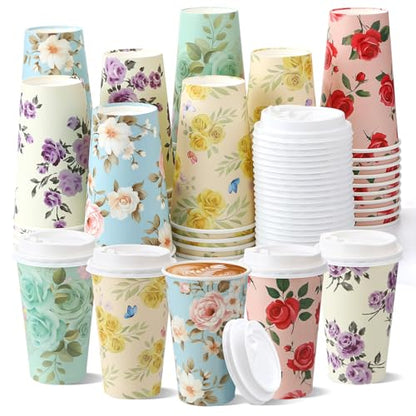 50 Pack 16 oz Disposable Coffee Cups with Lids Floral - style: Floral