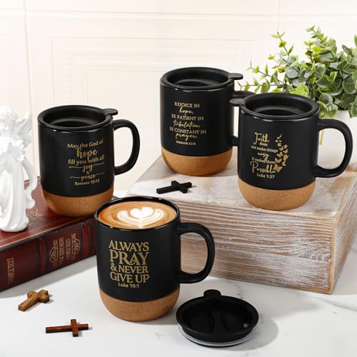 FillTouch 4 Pcs Christian Gifts Ceramic Coffee Mug with Cork Bottom, 15 oz