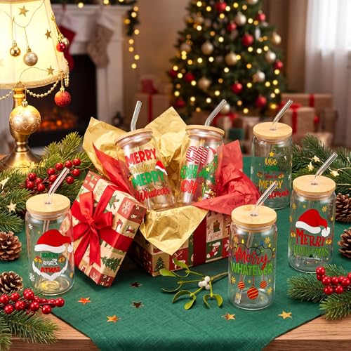 SiliFine 6 Pcs Christmas Glass Cups with Lid and Glass Straw 16 oz Holiday Iced Coffee Cup Xmas Can Shaped Beer Water Glasses Tumbler Christmas Appreciation Gifts for Xmas Party Favors - style: Santa