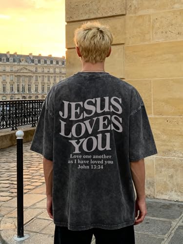 Christian Shirt for Men Jesus Loves You Shirt Oversized Acid Wash Tops - color: Darkgrey, size: X-Large