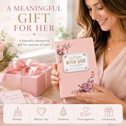 Pink One Minute With God for Women, 365 Daily Devotions Prayer Journal, End of Book Tape Catalogue Design Christian Devotional Book, Inspirational Bible Study Gift for Women, Mom, Sister, Friend