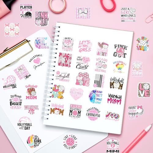 Pink Volleyball Stickers for Women - 50 Pcs Sport Volleyball Stickers for Adults Mom, Bow Decals for Journal Scrapbook Water Bottles, Sport Theme Party Decorations Supplies - style: Volleyball