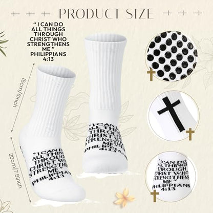 Glitopper Cross Grip Soccer Socks Anti Slip Christian Socks with Bible Verse Religious Grip Sports - color: White, style: Philippians 4:13