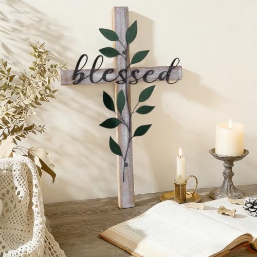 PH PandaHall Decorative Wood Cross with Black Leaf Wall Cross Art 16" H Farmhouse Crosses Christian Rustic Farmhouse Crosses Decor for Home Easter Decor Inspirational Gift for Her